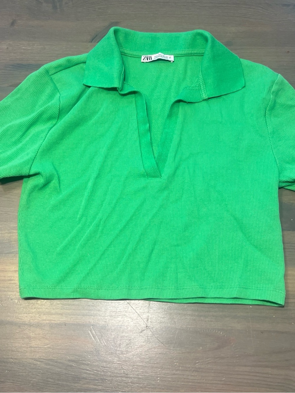Zara Green Ribbed Cropped Polo Top